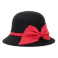 Elegant black wool cloche hat with a large red bow for women in British vintage style - One Size Fits 56-58cm / Symmetrical Large Bowknot Style / Black