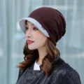 Stylish women's autumn winter brimmed beanie hat in brown and grey dual color design - One Size (Stretchy) / Two-Tone Coffee