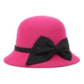 Elegant magenta wool-felt cloche hat with a large black bow accent for women - One Size Fits 56-58cm / Symmetrical Large Bowknot Style / Rose Red