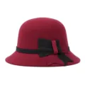 Elegant burgundy wool felt cloche hat for women with a classic black bow detail. - One Size Fits 56-58cm / Two-Tone Dress Knot Style / Burgundy
