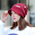 Stylish burgundy women's autumn winter beanie hat with soft brim for outdoor warmth. - One Size (Stretchy) / Wine Red (Leaf Print)