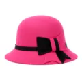 Elegant pink felt cloche hat with a black ribbon bow for women - One Size Fits 56-58cm / Two-Tone Dress Knot Style / Rose Red