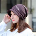 Stylish women's autumn winter brimmed beanie hat in dark brown with gold feather print - One Size (Stretchy) / Coffee (Leaf Print)