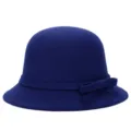 Elegant dark blue wool felt cloche hat with a matching bow accent for women - One Size Fits 56-58cm / Regular Bowknot Style / Royal Blue