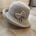 Elegant grey knitted bucket hat with a stylish bow decoration for women's autumn style. - One Size (55-58cm) / 文艺蝴蝶结款式(L0192) / Light Gray