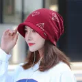 Wine red autumn winter beanie hat with soft brim and diamond embroidery - One Size (Stretchy) / Wine Red (Diamond Print)