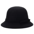 Elegant black wool felt cloche bucket hat with a bow decoration for women in winter - One Size Fits 56-58cm / Black