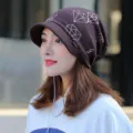 Stylish brown Korean knit beanie with soft brim and glittering diamond patterns for women - One Size (Stretchy) / Coffee (Diamond Print)