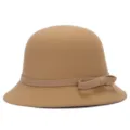 Elegant camel cloche hat with bow detail for women, perfect for autumn and winter fashion. - One Size Fits 56-58cm / Camel