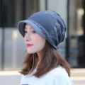 Fashionable grey slouchy beanie with brim and gold diamond pattern for women's autumn wear - One Size (Stretchy) / Blue Grey (Diamond Print)