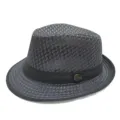 Stylish grey mesh fedora jazz hat with breathable honeycomb design and metal badge detail - One Size / Panama Style / Dark Gray