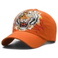 Atmungsaktive orangefarbene Mesh-Baseballkappe mit markantem Tiger- und Flammen-Grafikdesign - Tigerkopf / Orange