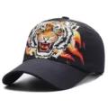 Atmungsaktive schwarze Mesh-Baseballkappe mit wildem Tigerkopf und Feuer-Grafikdruck - Tigerkopf / Marineblau