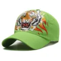 Atmungsaktive grüne Mesh-Baseballkappe mit wildem Tiger-Print-Grafik für den Sommer - Tigerkopf / Obstgrün