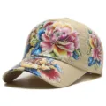 Atmungsaktive Mesh-Baseballkappe mit buntem chinesischem Pfingstrosenmuster in Beige - Blumenstil / Khaki