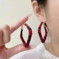 Vintage Anchorage red leather wrapped hoop earrings with leopard print for women - Irregular Geometric Style (E4419) / Red Leopard