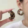 Vintage leopard print leather wrapped hoop earrings for a stylish and elegant statement - C-Shaped Hoop Style (E4420) / Dark Brown Leopard