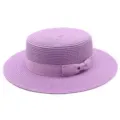 Elegante cappello di paglia viola per donna con parte superiore piatta e decorazione a fiocco - Taglia Adulto (Circonferenza 56-58cm) / Modello a fiocco / viola taro