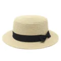 Elegante cappello di paglia da donna con fiocco nero per protezione solare estiva - Taglia Adulto (Circonferenza 56-58cm) / Fiocco Nero / Beige