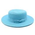 Cappello di paglia celeste da donna a cima piatta con fiocco per protezione solare - Taglia Adulto (Circonferenza 56-58cm) / Modello a fiocco / Blu lago