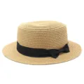 Elegante cappello di paglia da donna modello boater con nastro e fiocco nero - Taglia Adulto (Circonferenza 56-58cm) / Fiocco Nero / Kaki