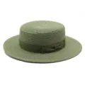 Cappello di paglia a testa piatta verde oliva con fiocco per protezione solare estiva - Taglia Adulto (Circonferenza 56-58cm) / Modello a fiocco / Verde Scuro