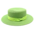 Elegante cappello di paglia verde chiaro per donna con corona piatta e fiocco chic - Taglia Adulto (Circonferenza 56-58cm) / Modello a fiocco / Verde erba