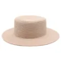 Elegante cappello di paglia a testa piatta da donna in beige naturale per la spiaggia estiva - Taglia Adulto (Circonferenza 56-58cm) / Stile Semplice / Rosa chiaro