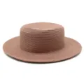 Cappello di paglia marrone stile boater con cima piatta e tesa larga per il sole - Taglia Adulto (Circonferenza 56-58cm) / Stile Semplice / colore fagiolo rosso