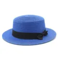 Cappello di paglia blu da donna con fiocco nero per protezione solare estiva in spiaggia - Taglia Adulto (Circonferenza 56-58cm) / Fiocco Nero / Blu