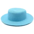 Cappello di paglia celeste a corona piatta per donna protezione solare estiva mare - Taglia Adulto (Circonferenza 56-58cm) / Stile Semplice / Blu lago