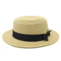 Cappello di paglia da donna a corona piatta con elegante fiocco in nastro di gros-grain nero - Taglia Adulto (Circonferenza 56-58cm) / Fiocco Nero / Beige
