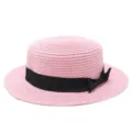 Elegante cappello di paglia rosa a cima piatta con fiocco nero per protezione solare da spiaggia - Taglia Adulto (Circonferenza 56-58cm) / Fiocco Nero / Rosa Acqua