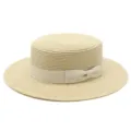 Elegante cappello di paglia beige da donna con fiocco in nastro crema per il sole - Taglia Adulto (Circonferenza 56-58cm) / Modello a fiocco / Beige