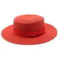 Cappello di paglia rosso elegante a cima piatta con fiocco per la spiaggia estiva - Taglia Adulto (Circonferenza 56-58cm) / Modello a fiocco / Rosso