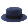 Cappello di paglia blu navy da donna a corona piatta con fiocco in nastro nero - Taglia Adulto (Circonferenza 56-58cm) / Fiocco Nero / Blu navy