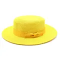 Cappello di paglia giallo vivace a cima piatta con fiocco in nastro abbinato - Taglia Adulto (Circonferenza 56-58cm) / Modello a fiocco / Giallo