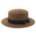 Cappello di paglia marrone da donna con elegante fiocco nero e tesa piatta - Taglia Adulto (Circonferenza 56-58cm) / Fiocco Nero / Marrone