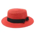 Cappello di paglia rosso a testa piatta da donna con elegante fiocco nero per l'estate - Taglia Adulto (Circonferenza 56-58cm) / Fiocco Nero / Rosso