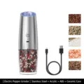 Electric stainless steel pepper grinder with USB-C cable and various spice samples - Rechargeable Stainless Steel (KDL-591A)