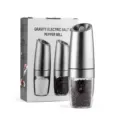 Gravity electric salt and pepper mill with stainless steel finish and clear spice container - Set / Silver