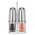 Premium electric gravity salt and pepper grinder set with durable stainless steel stand - With Iron Stand / Silver
