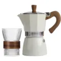 Cream white moka pot coffee maker and ribbed glass cup set with wood grain handle - Moka Pot + Coffee Cup / 150ML / White (150ml) 2-Piece Set (No Grinder)