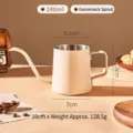 Cream 304 stainless steel gooseneck coffee kettle with dimensions and 240ml capacity. - Gooseneck Kettle (Without Lid) / 250ml / Creamy White