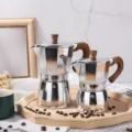 Classic silver octagonal moka coffee pots with ergonomic wood-textured handle accents - 150ML / 3 Cups / Silver