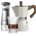 Professional coffee brewing set featuring stainless grinder, cream Moka pot and glass with sleeve - Grinder + Moka Pot + Coffee Cup / 150ML / White (150ml) 3-Piece Set