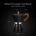 Large black octagonal moka pot espresso maker 300ml with wood grain handle and dimensions - Single Moka Pot / 300ml / Cool Black