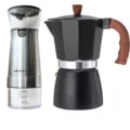 Professional electric coffee grinder and black Moka pot set with wooden texture handle - Grinder + Moka Pot / 150ML / Black (150ml) 2-Piece Set