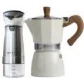 Electric coffee grinder and cream white octagonal moka pot set with wood handle - Grinder + Moka Pot / 150ML / White (150ml) 2-Piece Set
