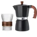 Professional black Italian Moka pot and ribbed glass coffee cup set with wood grain finish - Moka Pot + Coffee Cup / 150ML / Black (150ml) 2-Piece Set (No Grinder)
